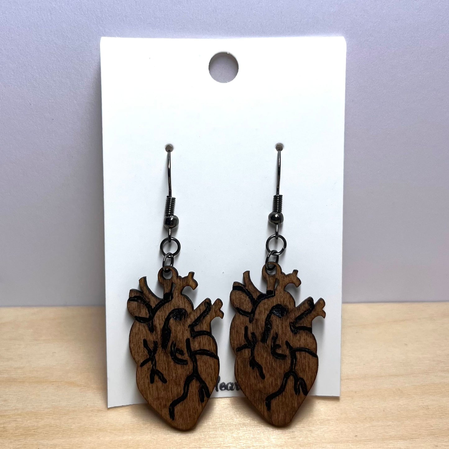 Anatomic Heart Wooden Dangle Earrings