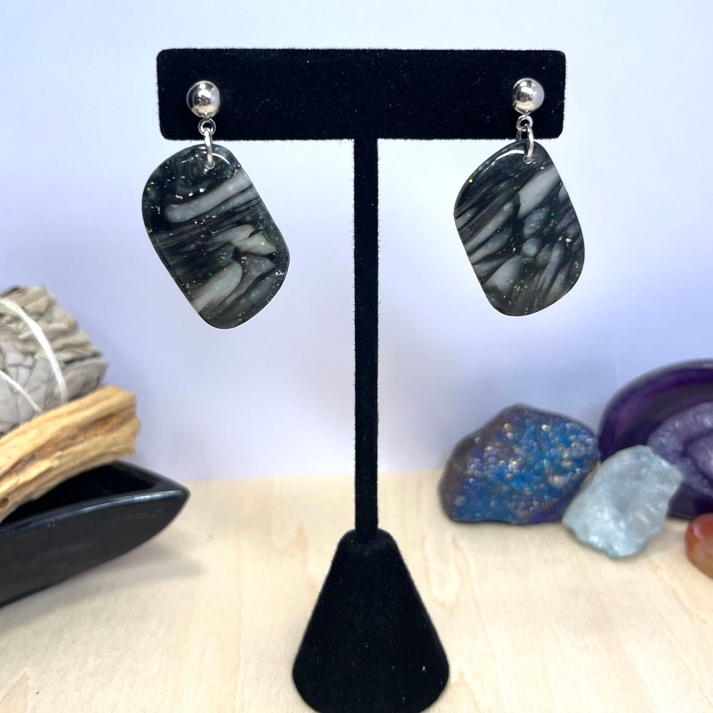 Faux Classic Black & White Marble Stone Dangle Earrings