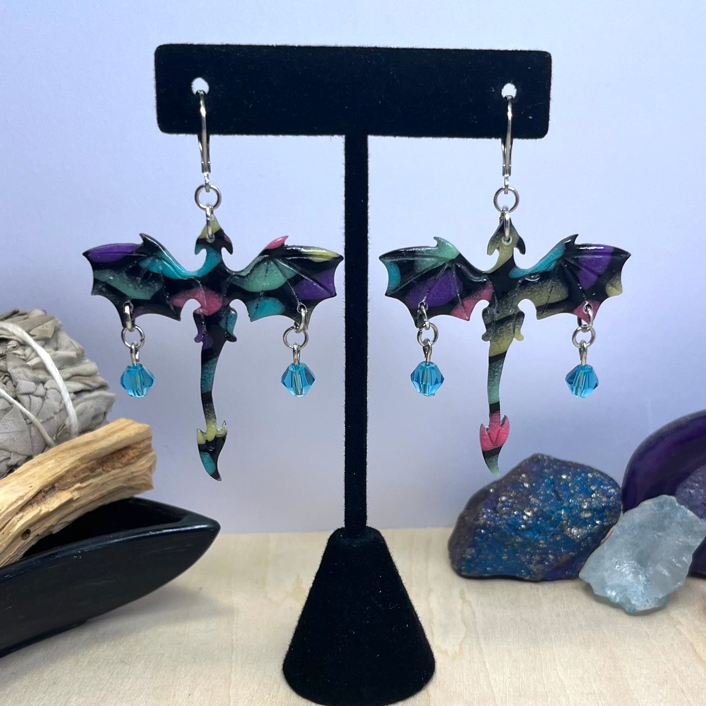Stained Glass Dragon Dangle Earrings