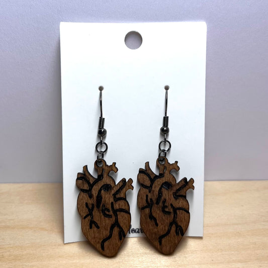 Anatomic Heart Wooden Dangle Earrings