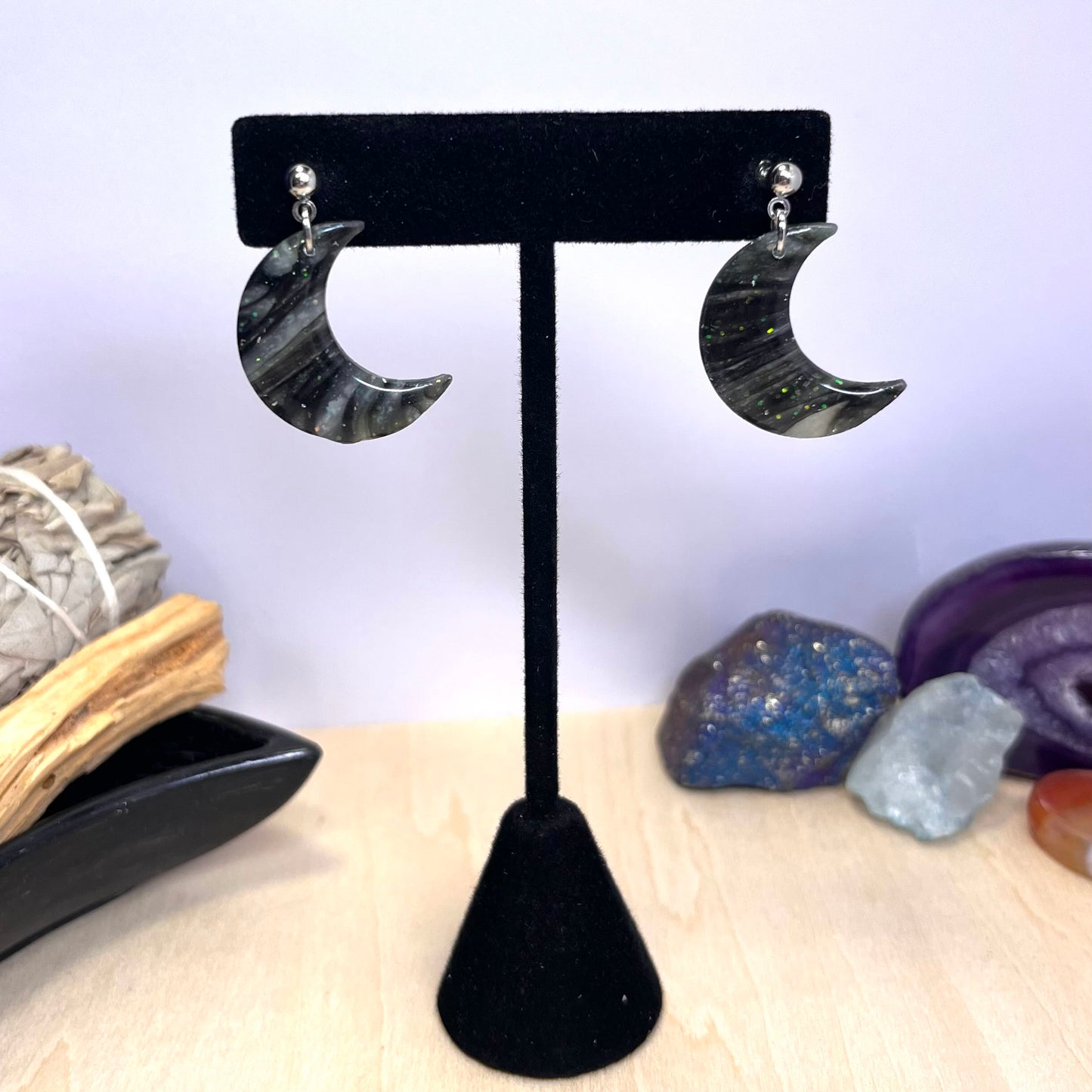 Faux Black & White Marble Moon Dangles