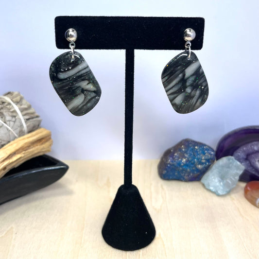 Faux Classic Black & White Marble Stone Dangle Earrings