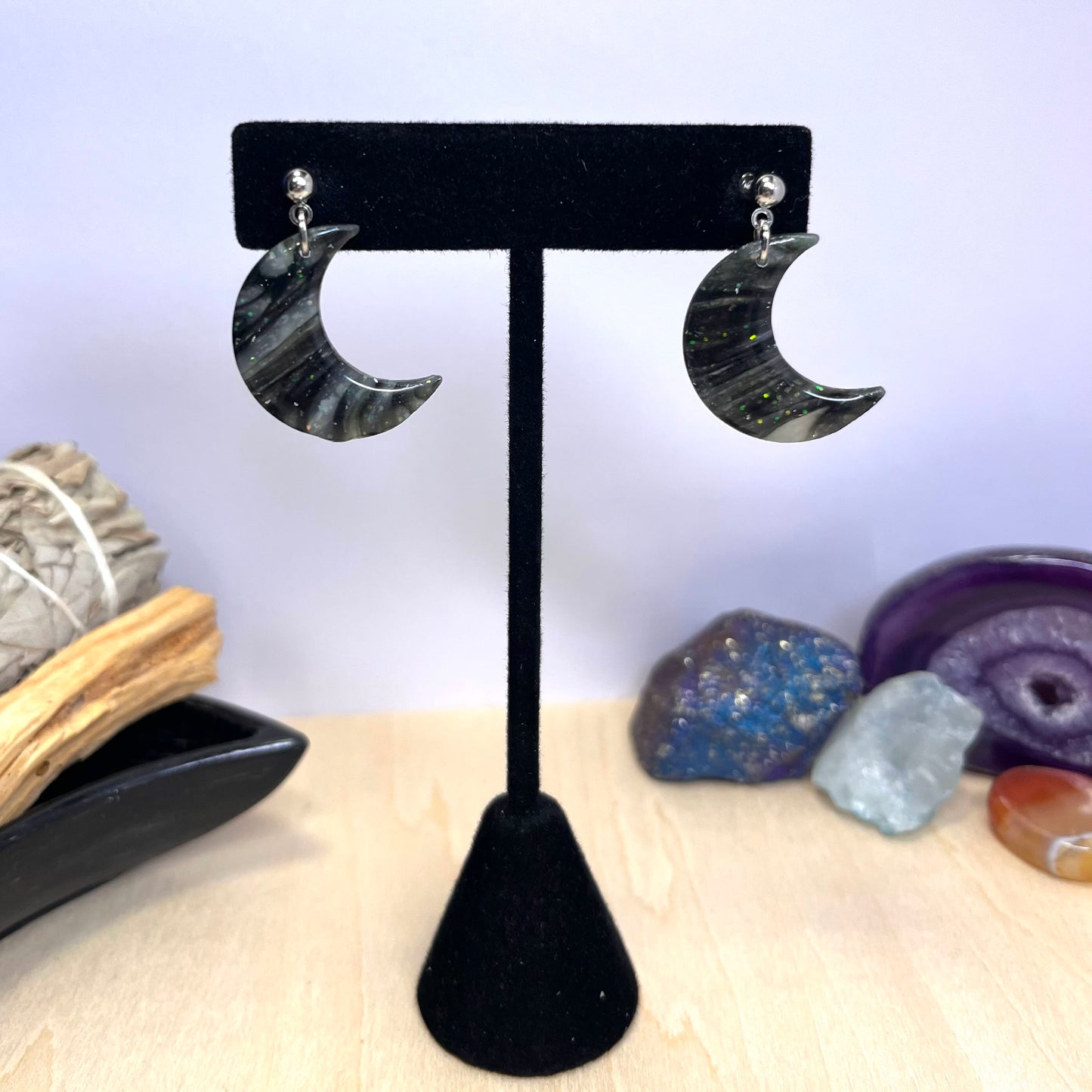 Faux Black & White Marble Moon Dangles