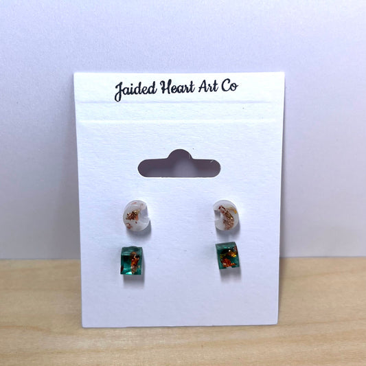 Moon & Squares Stud Earrings Set Hypoallergenic Stainless Steel